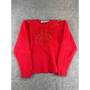 VTG EREZ Beaded Butterfly Sweater Womens S Red Lambswool Blend Patch Embroidered